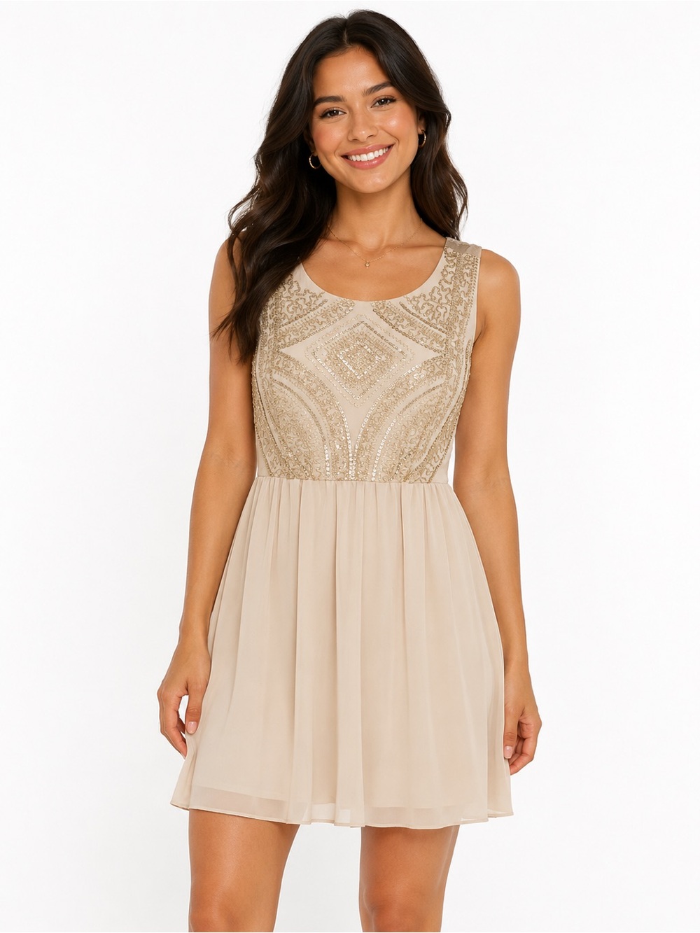 Sleeveless Beige Sequin Bodice Chiffon Skater Dress
